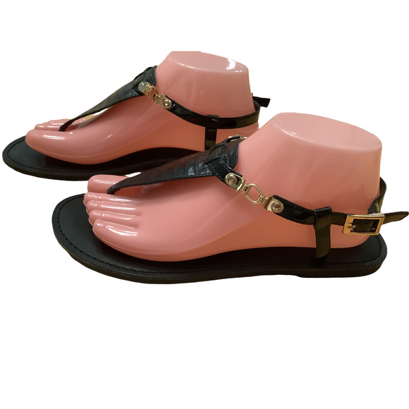 VINCE CAMUTO “ITELLI” CROC EMBOSSED BLACK LEATHER SANDALS 9M - Picture 1 of 10